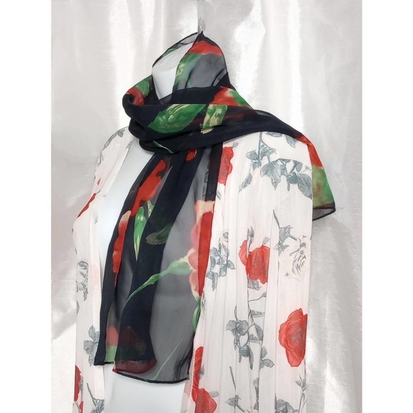 ROMANTIC Rose chiffon Neck SCARF Red Poppy Flower Green Black - Picture 1 of 3